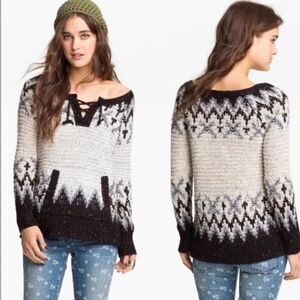 Free People Love Bug Lace Up Womens‎ Size Small Nordic Fair Isle Wool Bl Sweater